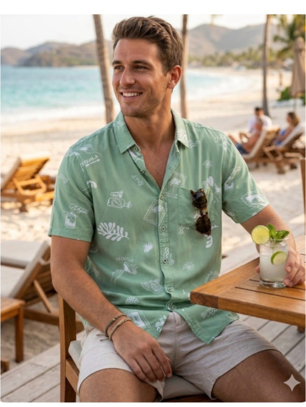 Cove Mens Large Green Cocktail Print Short Sleeve Rayon Button Up Shirt 1908